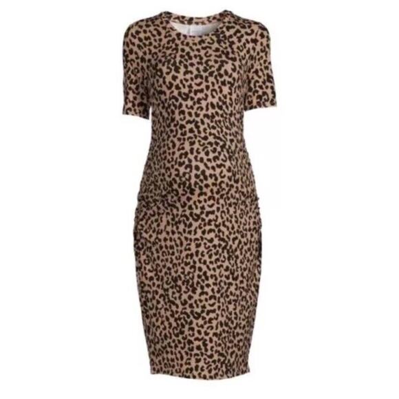 Time and Tru Women’s Maternity Ruched Dress Short Sleeve-LEOPARD Large 12/14 - Picture 1 of 9